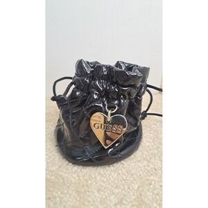 GUESS Black Quilted Patent Leather Mini Drawstring Pouch Bag Silver Heart Charm